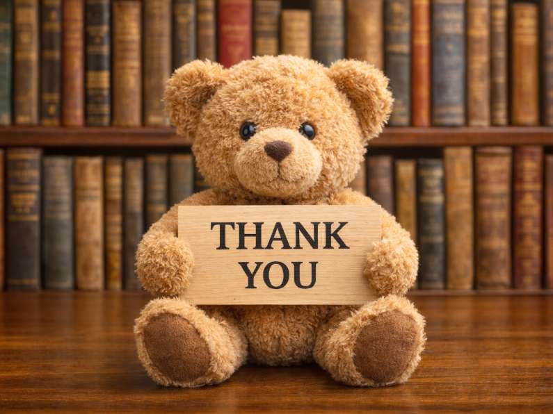 Thank You from The Thomas Poole Library Nether Stowey Teddy Bear holding Thank You Plaque